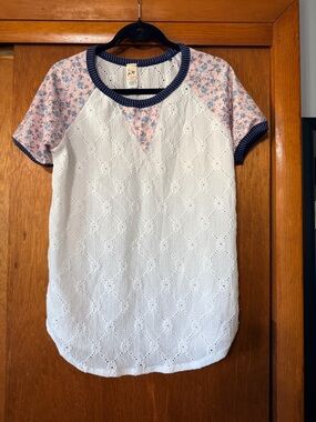 7th Ray White Eyelet Top with Pink Floral Raglan Sleeves and Navy Trim